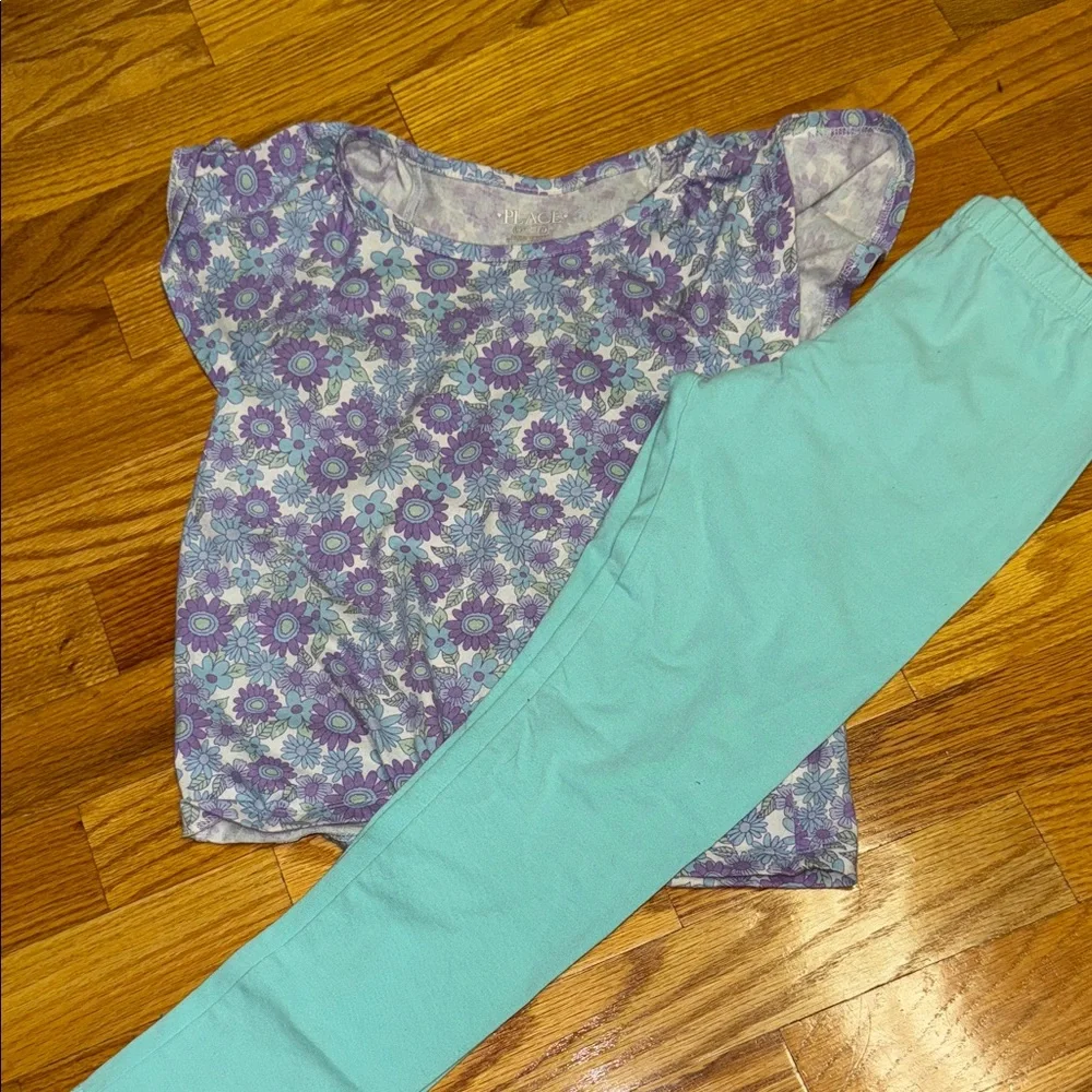 The Children's Place Purple Floral Top and Aqua Leggings Set